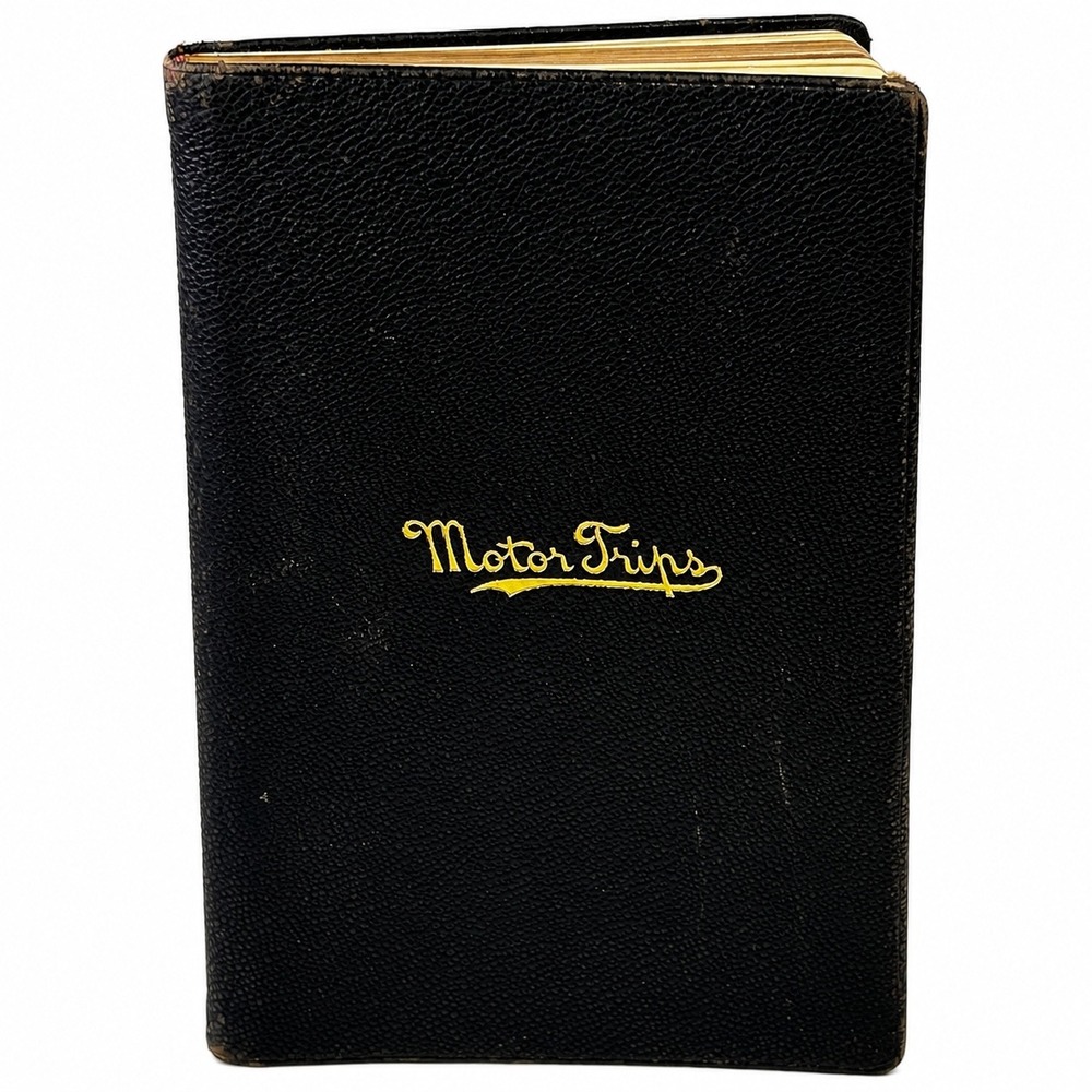Vintage 1933 Motor Trips Travel Log Book Gold Gilt Edge Black Pocket Journal
